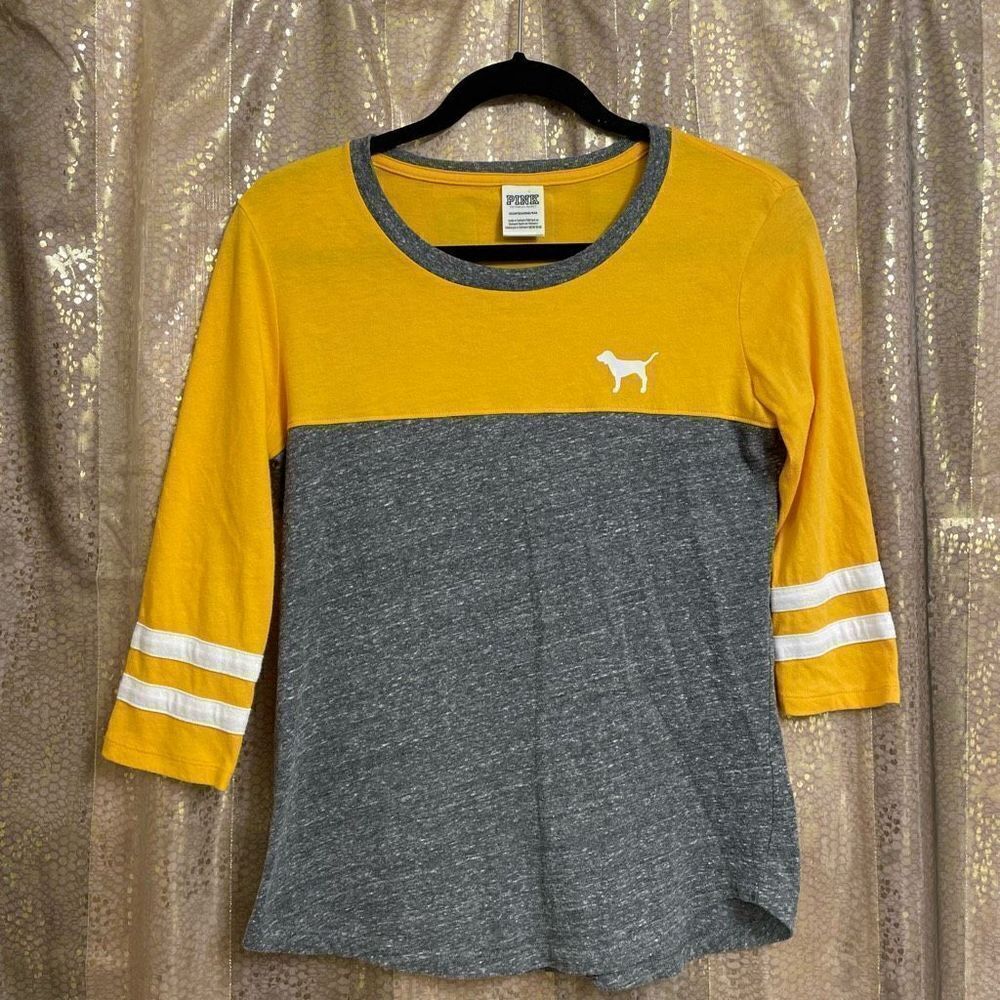 PINK‎ Victorias Secret Yellow White Gray Logo 3/4 Sleeve Top, XS
